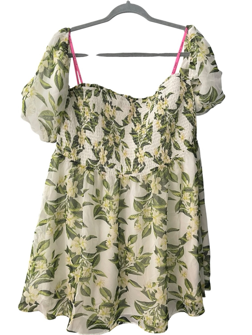 Betsey Johnson XXL White Green Floral Smocked Puff Sleeve Mini Dress Cottagecore